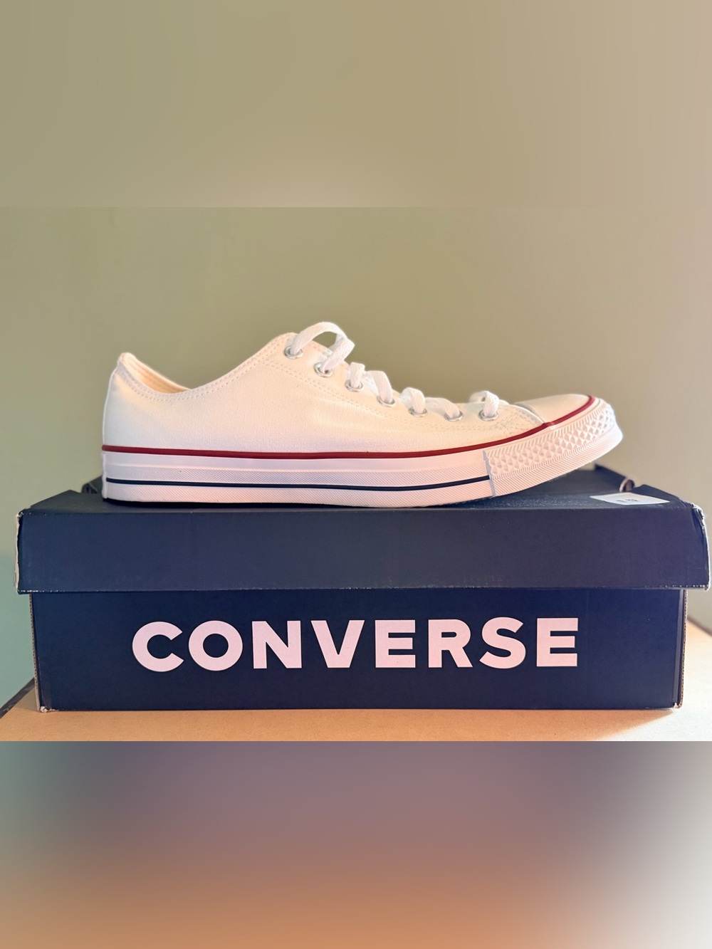 Converse Kids Canvas Low-Top Sneakers in White with Red & Navy Stripes